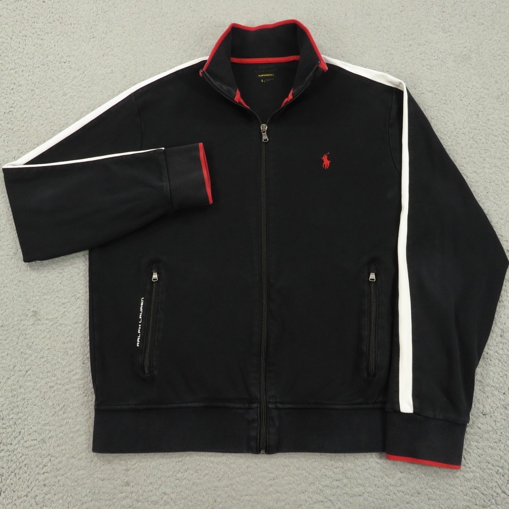 Polo Ralph Lauren Jacket Mens Large Performance Full Zip Black Red Pony Sweater